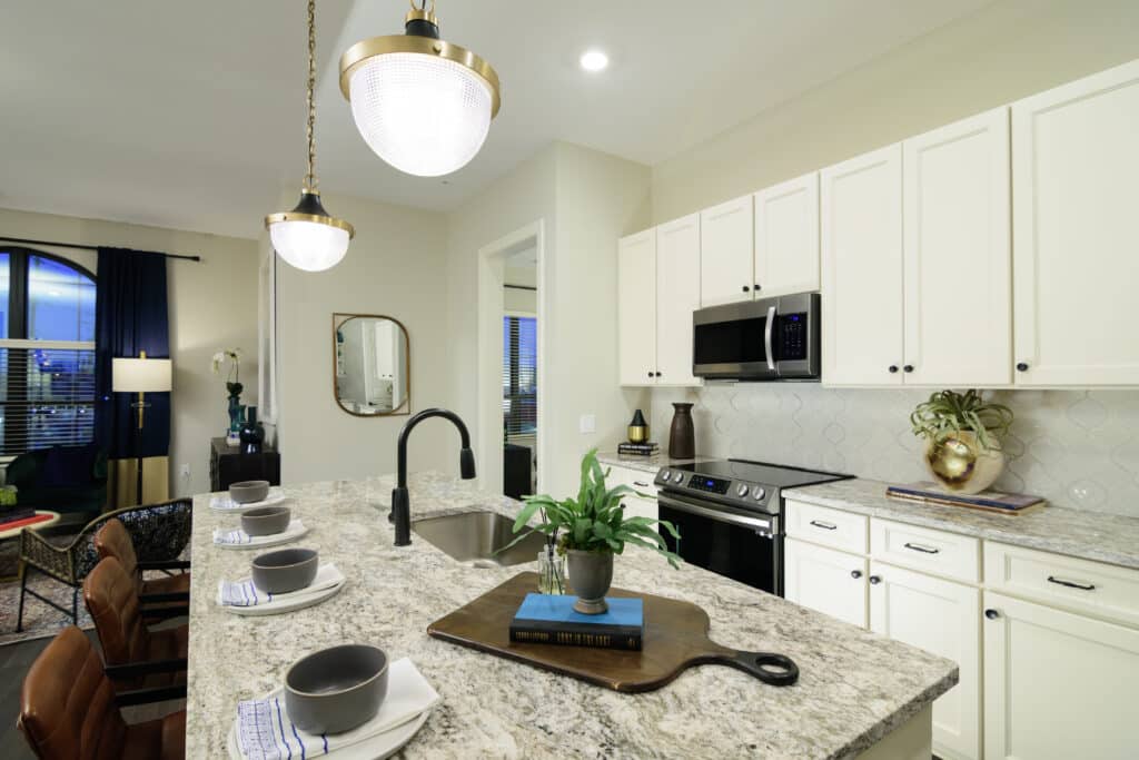 Modern kitchen with white cabinets, granite island, stainless steel appliances, pendant lights, and a potted plant on a tray at the center of the island.